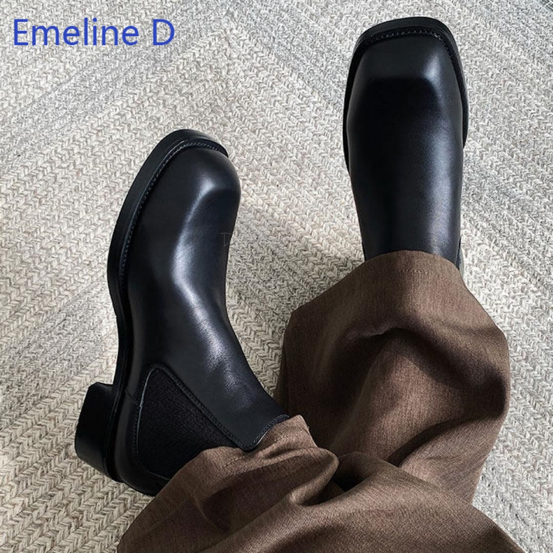 Formal Men Daily Wear Footwear - メンズ スクエアトゥ チェルシーブーツ、伸縮性のあるスリップオンタイプ、ローカット、ローヒール、ファッションブーツ、ミニマリスト、普段使い、フォーマルな場にも。