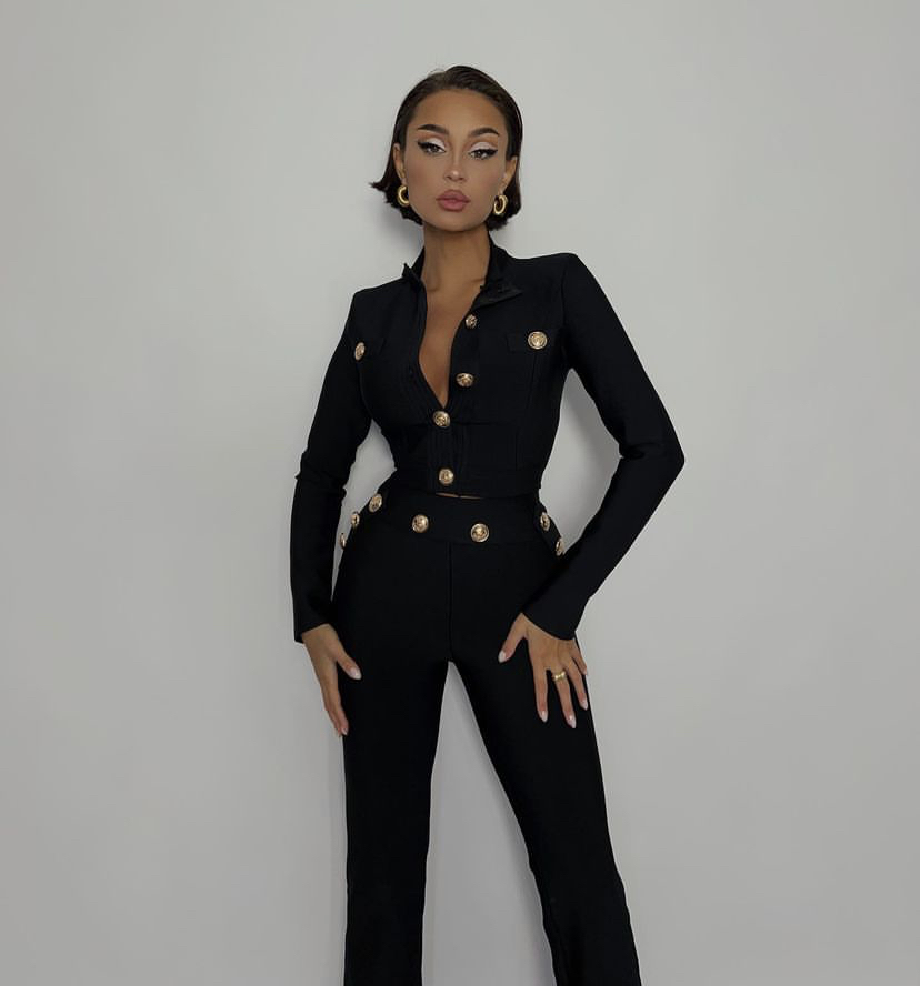 Men Formal Wear All Black - 新しい秋スタイル黒色女性長袖ボタンレーヨン包帯コートパンツファッション女性のセットハイストリート祝う着用