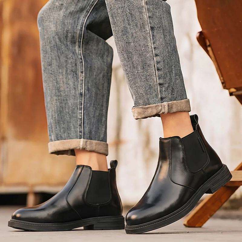メンズ レザー チェルシー アンクルブーツ スリッポンデザイ - Men Formal Wear With Boots のレビューと価格